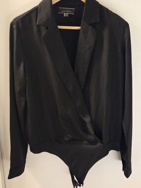 Blue Blush Black Satin Wrap-Front Long Sleeve Bodysuit